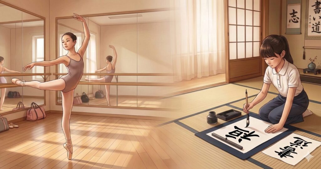 バレエ・習字に通う教育熱心な一面